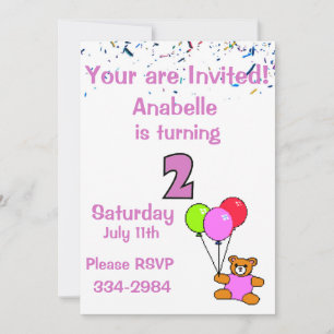 Confetti, Teddy Bear, Balloons Girl's 2. Birthda Einladung