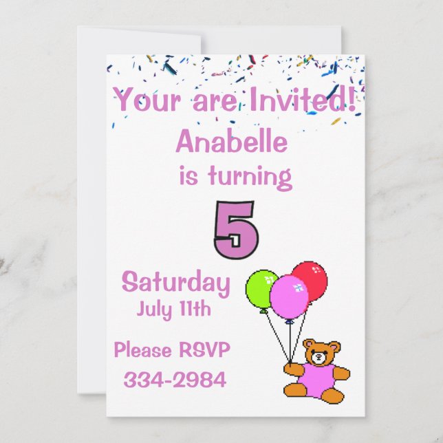 Confetti, Teddy Bear, Balloons Girl's 5. Geburtsta Einladung (Vorderseite)
