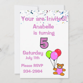 Confetti, Teddy Bear, Balloons Girl's 5. Geburtsta Einladung