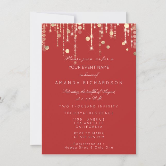Confetti Tropfen Birthday Bridal Rote Elegance Einladung (Vorderseite)