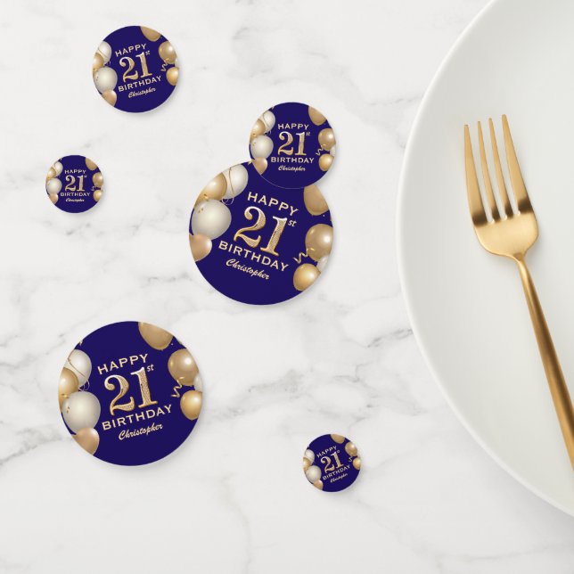 Confettis 21e Anniversaire Marine Bleu et Ballons d'or (Groupe)