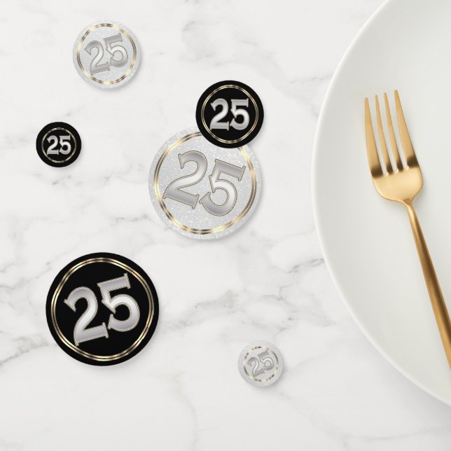 Confettis 25e Parties scintillant noire et blanche (Groupe)