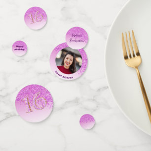 Confettis Anniversaire 16 ans Sweet 16 avec photo rose paill