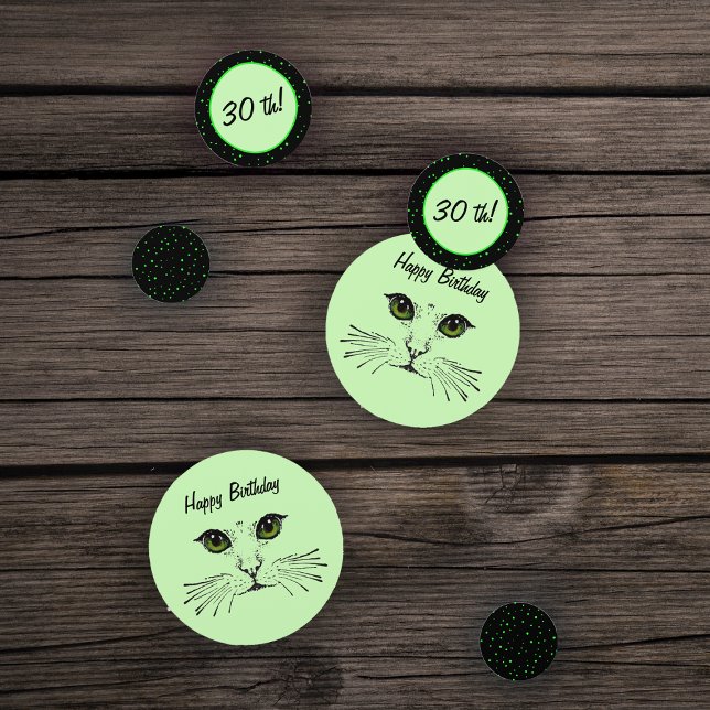 Confettis Anniversaire Chat visage Vert yeux Pois (Kitty face green eyes and whiskers on green and black with green polka dots Birthday table confetti.)