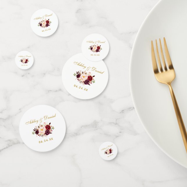 Confettis Aquarelle Bourgogne Floral Mariage Or (Groupe)