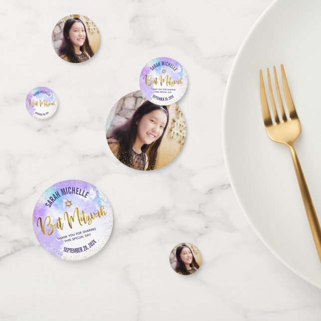 Confettis Bat mitzvah Photo Gold Script Purple Aquarelle (Groupe)
