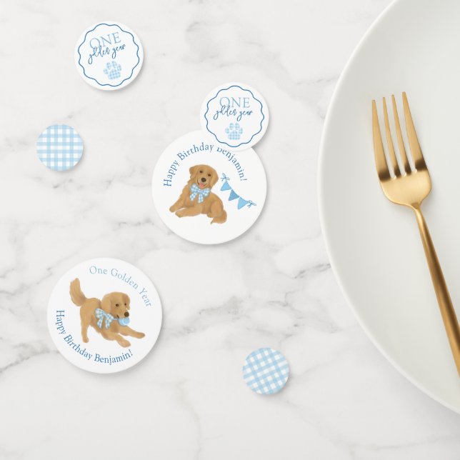 Confettis Blue Gingham One Golden Year Puppy Birthday Table (Groupe)