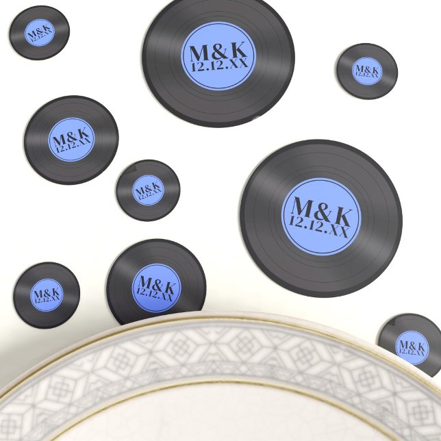 Confettis Blue Retro Vinyl LP Rock n Roll Mariage Monogramme (Perfect table confetti for your rock n roll wedding! Just add your initials and wedding date)