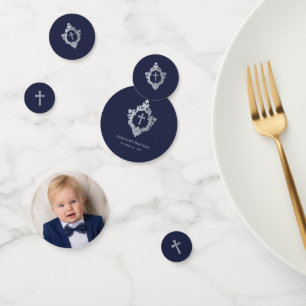 Confettis Boy Baptism Marine Bleu Photo Croix Vintage Crest