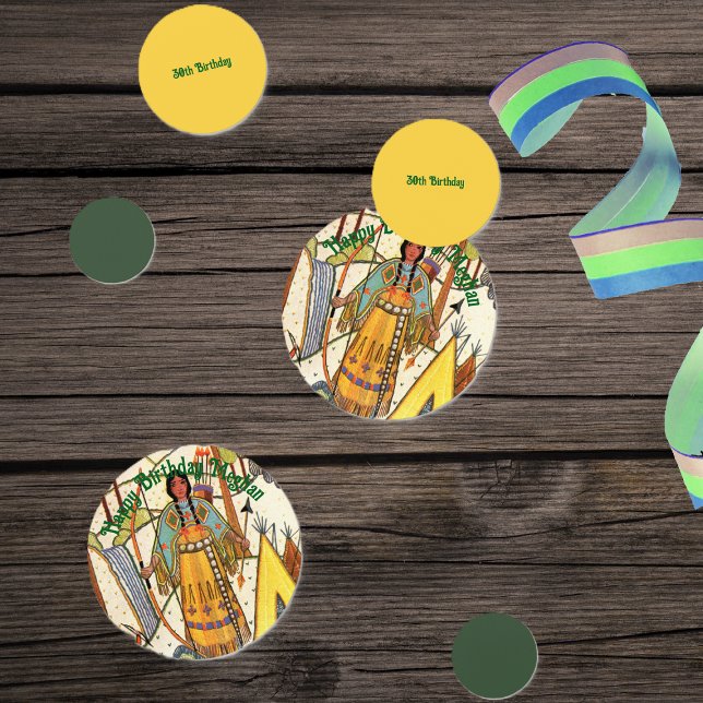 Confettis Broderie de la flèche de bois Lady Woods amérindie (Native American lady by teepee in woods embroidery texture green yellow table Birthday confetti.)