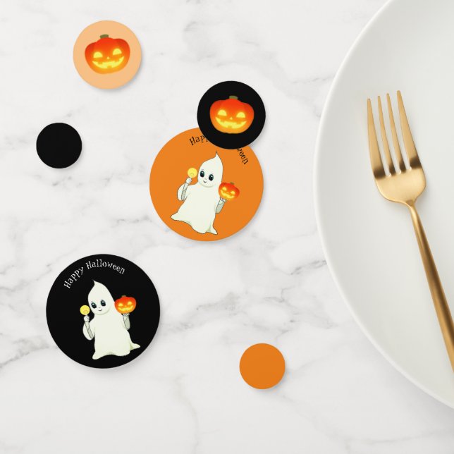 Confettis Cute Halloween Ghost, Citrouille sur Black & Orang (Groupe)