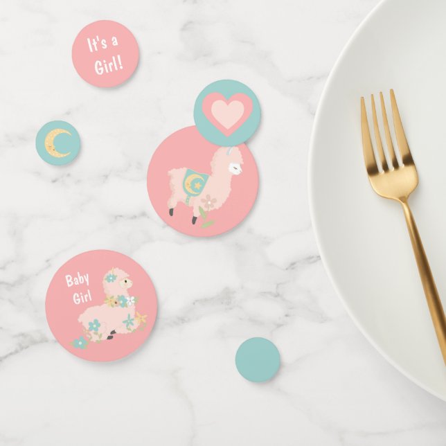 Confettis Cute Llama Turquoise Baby shower fille rose (Groupe)