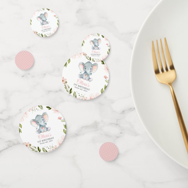 Confettis Eléphant, Fleurs Aquarelles Roses, Premier Anniver (Groupe)