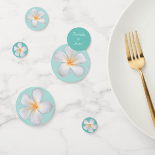 Confettis Fleurs Frangipani Plumeria blanches sur Turquoise