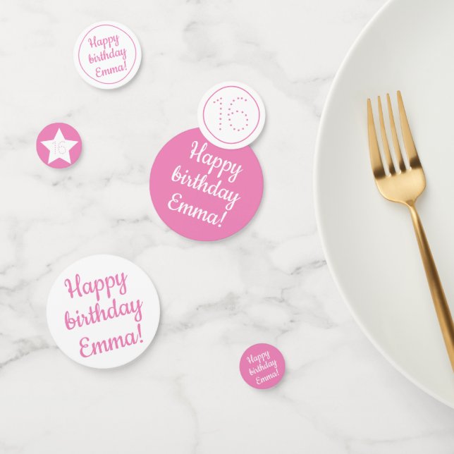 Confettis Joyeux anniversaire - Personnalisé rose & blanc (Groupe)
