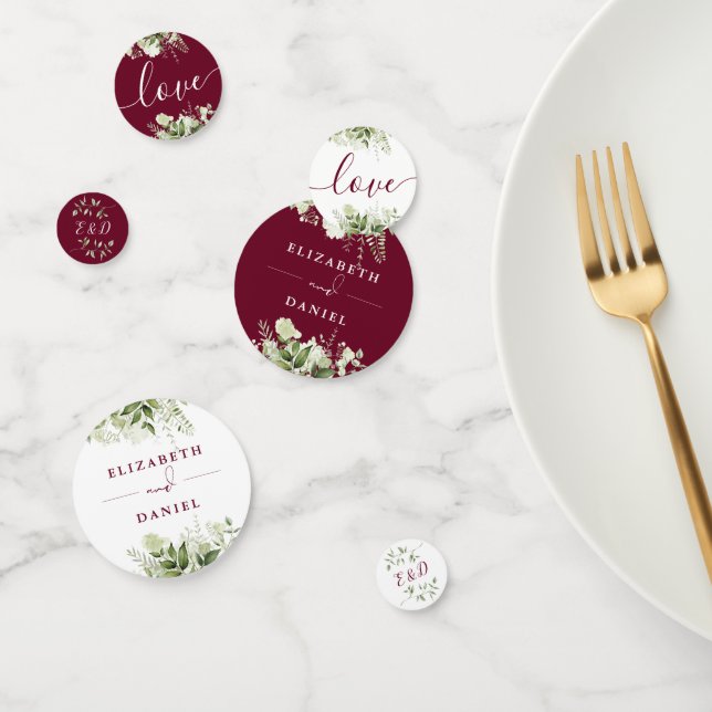 Confettis Mariage Floral Végétal Monogramme Bordeaux (Groupe)