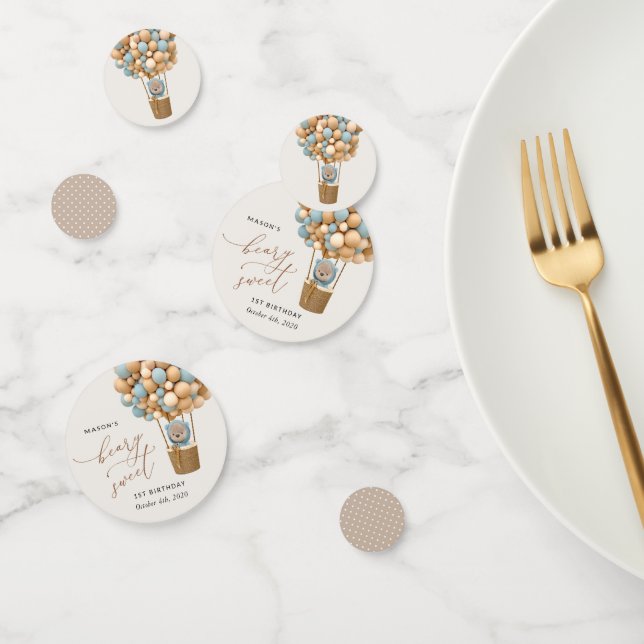 Confettis Ours mignon, Ballons Bleus, Premier Anniversaire (Groupe)