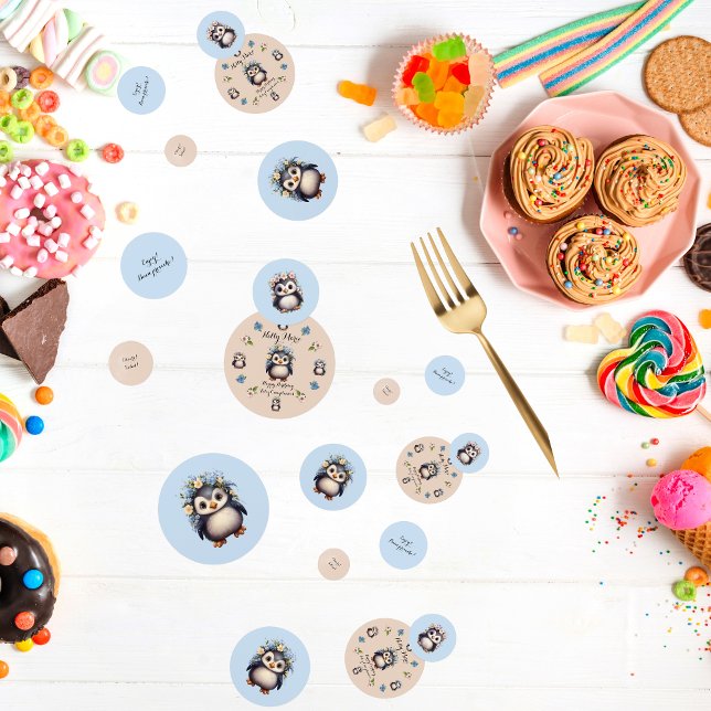 Confettis Pingouins mignons avec nom et texte bilingue (Bilingual personalized, cute penguins table confetti. Multilingual project.)