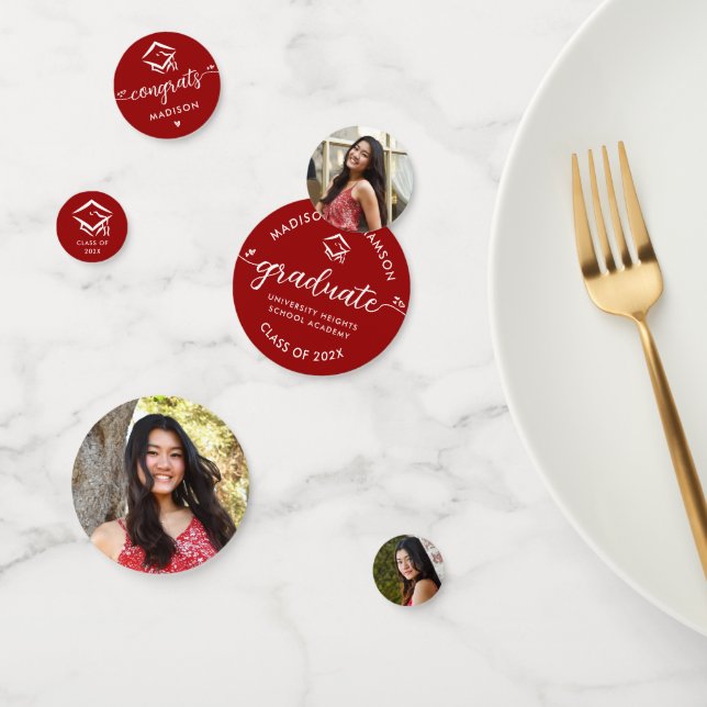 Confettis Red 3 Photo Graduation Modern Script Hearts Casque (Groupe)