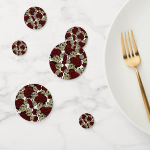Confettis Roses Rouges & Crânes Floral Noir Gothique Blanc