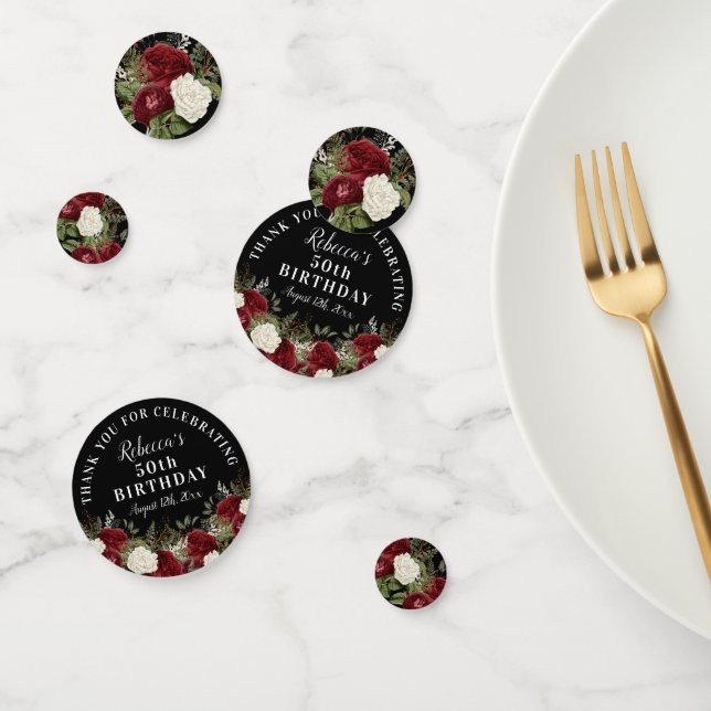 Confettis Roses rouges sur Noir 50e anniversaire Merci (Groupe)