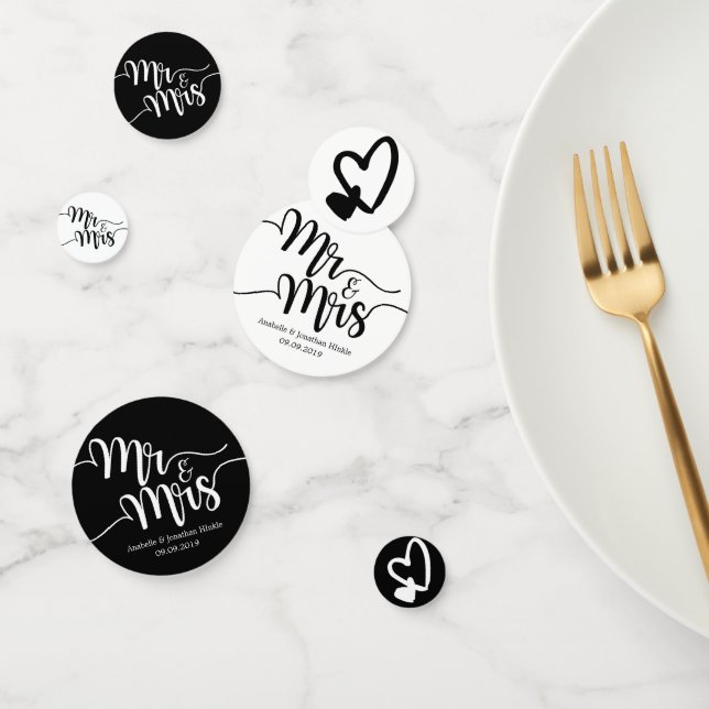 Confettis Script noir et blanc M. et Mme Mariage Hearts (Groupe)