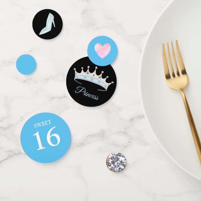 Confettis Sweet 16 Princess Tiara sur Bleu clair et Noir (Groupe)