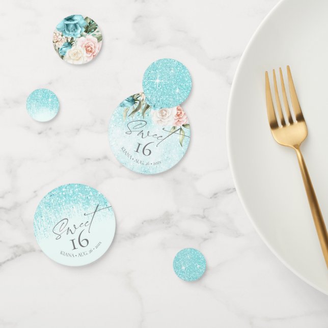 Confettis Sweet sixteen Floral Sparkles ID Turquoise912 (Groupe)