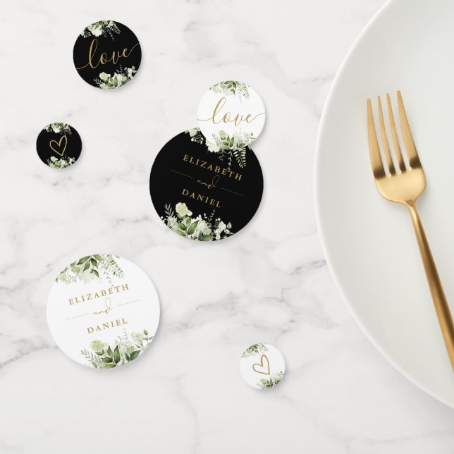 Confettis Vert Floral Élégant Mariage Noir Et Or (Groupe)