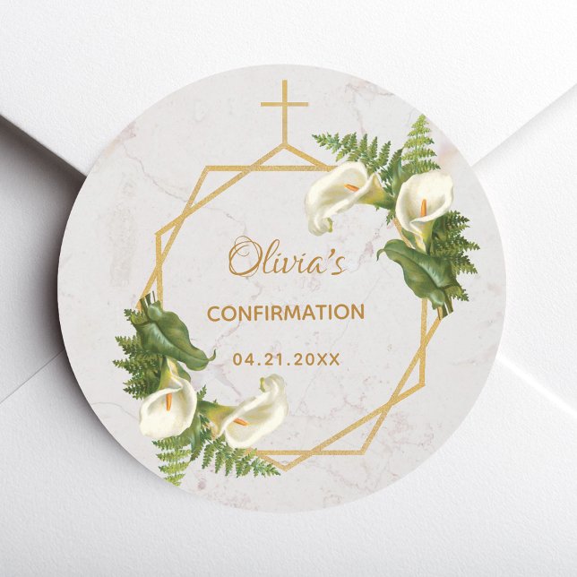 Confirmation Calla Lilies Fern Floral Gold Marmor Runder Aufkleber (Von Creator hochgeladen)