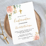 Confirmation eucalyptus blush pink floral girl einladung<br><div class="desc">A white background decorated with eucalyptus greenery,  a rose gold and blush pink roses,  golden leaves. Personalize and a name and ceremony details. Black and golden colored letters.
Back: rose gold background.</div>