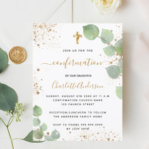 Confirmation eucalyptus grün Goldene Glitzer Mädch Einladungspostkarte