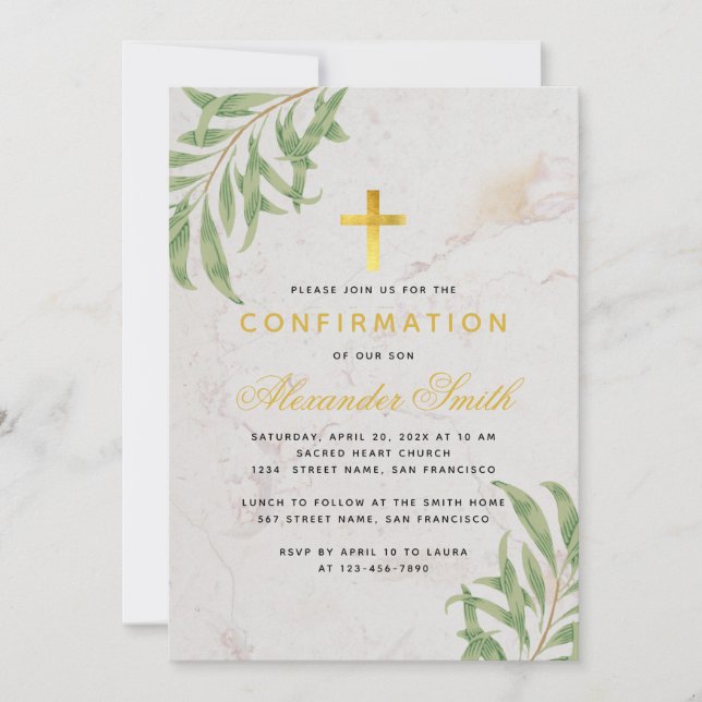Confirmation Foliage Marble Gold Willow Blätter Einladung (Vorderseite)