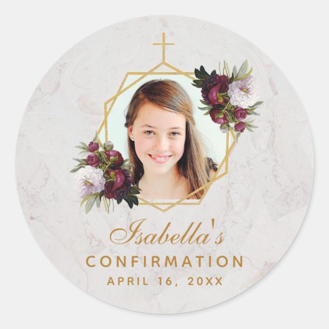 Confirmation Girl Foto Gold Burgundy Peonies Cla Runder Aufkleber (Vorderseite)