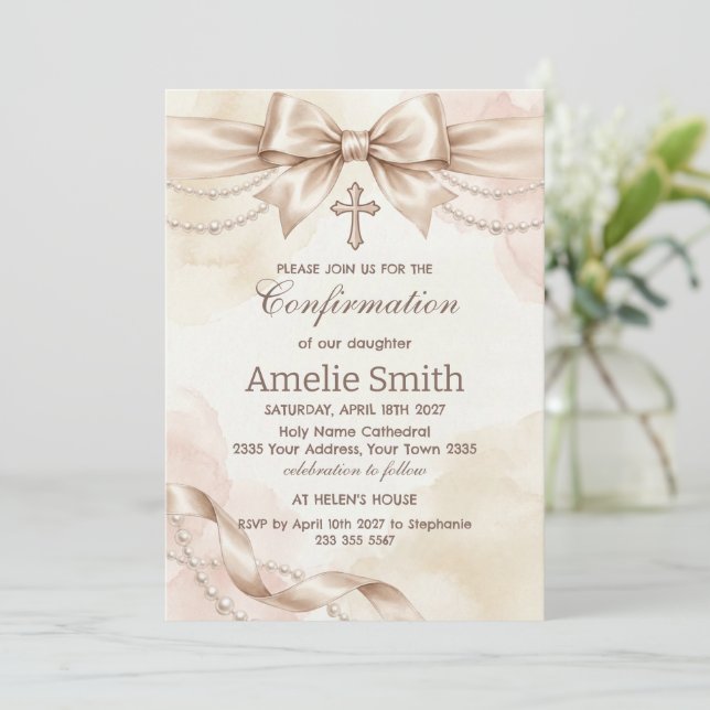 Confirmation Invitation with Beige Bow and Pearls (Debout devant)