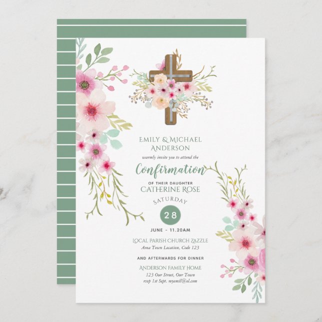 CONFIRMATION Invitations Floral Cross Pink Sage (Devant / Derrière)