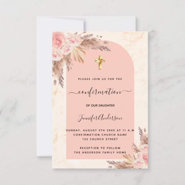 Confirmation pampas grass rose blush marble girl einladung (Vorderseite)