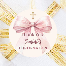 Confirmation pink bow girl ivory cross thank you runder aufkleber