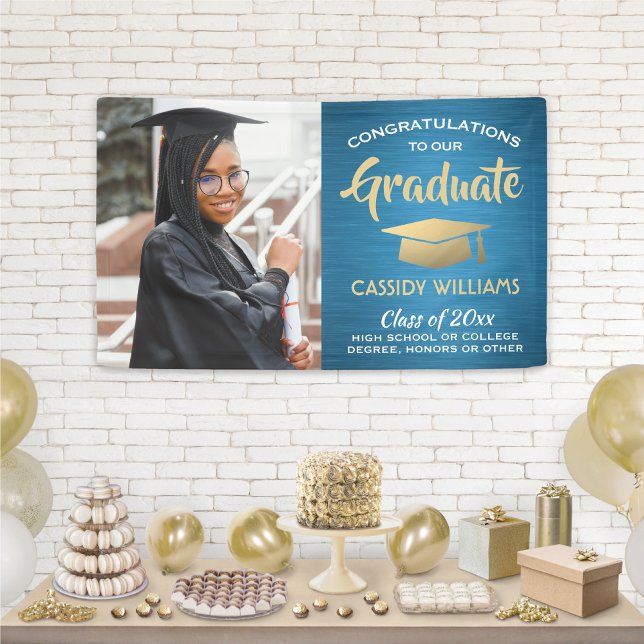 Congrats 1 Photo Brushed Teal Blue Gold Graduation Banner (Von Creator hochgeladen)