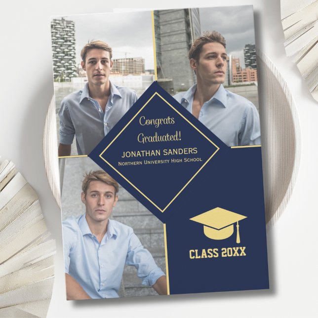 Congrats Graduated Collage 3 Photos for Him Navy Ankündigung (Von Creator hochgeladen)