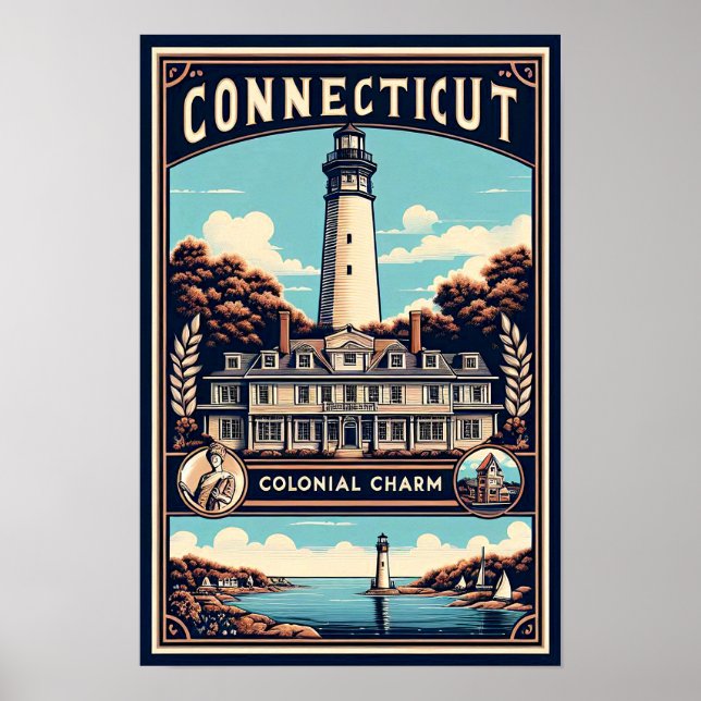 Connecticut Colonial Charm Lighthouse Vintag Poster (Vorne)