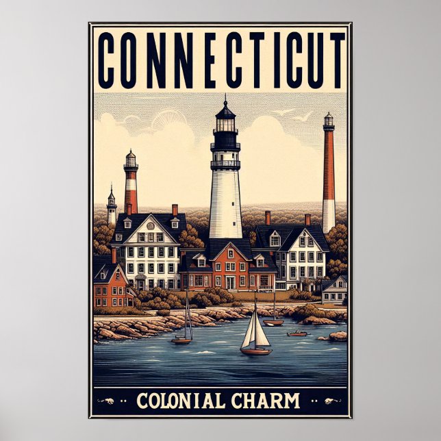 Connecticut Colonial Charm Lighthouse Vintag Poster (Vorne)