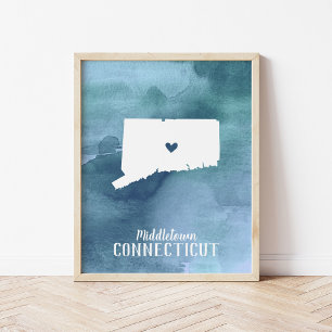 Connecticut Map Blue Watercolor Personalisierte Ku Poster
