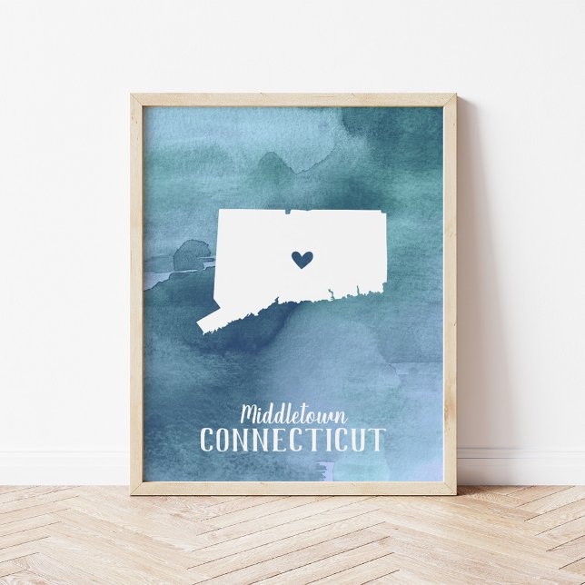 Connecticut Map Blue Watercolor Personalisierte Ku Poster (Von Creator hochgeladen)