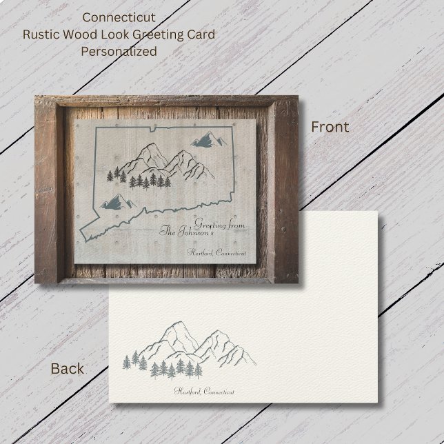 Connecticut Rustic Wood Mountain Grußkarte (Connecticut Rustic Wood Greeting Card. The "wood look" makes this card so unique. Personalize it!)