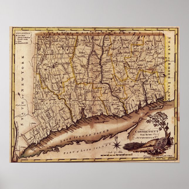 ConnecticutPanoramablick Karte Connecticut Poster (Vorne)