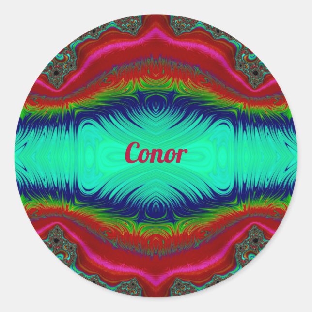 CONOR ~ Hellrotes grünes Blau Fraktal Design ~ Runder Aufkleber (Vorderseite)