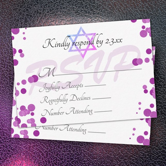 Conseil Bubbles violets Points Bat mitzvah carte RSVP (purple shimmery lights bat mitzvah rsvp card, purple bubbles polka dots cute reply enclosure cards )