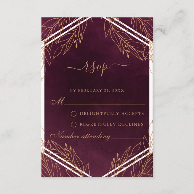 Conseil Carte RSVP de mariage Bourgogne et d'or (Devant)