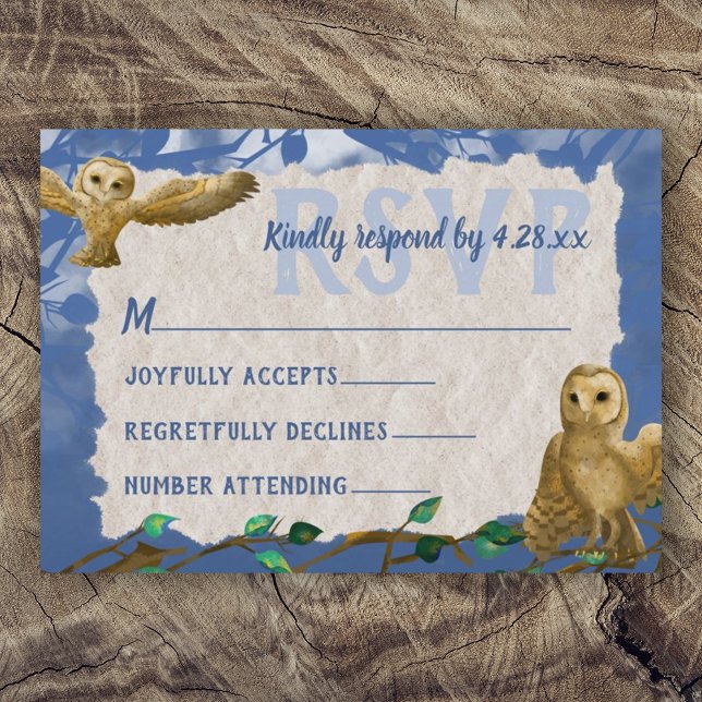 Conseil Chouettes, Barre Bleue & Beige Mitzvah Carte RSVP (Rustic blue beige brown owl forest bar mitzvah rsvp card, reply card, respond blue rsvp)